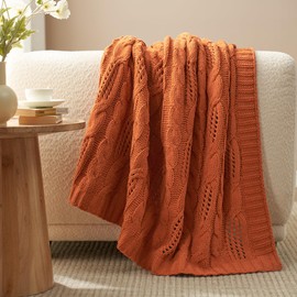 Amélie Home Cable Knitted Throw Blanket for Couch, Chenille Chunky Knit Throw Blanket, Decorative Farmhouse Soft and Cozy Throw Blanket for Sofa Chair Bed, Burnt orange,60 x 80