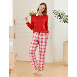 Ekouaer 2 Pack Women Pajama Long Sleeve Sleepwear Soft Loungewear Pjs Sets with Pockets S-XXL Red Plaid/Grey Plaid Large