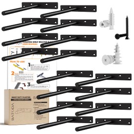 BATODA - 8" Floating Shelf Bracket Heavy Duty (16 pcs)–Solid Steel Blind Shelf Supports - Hidden Brackets for Floating Wood Shelves - Blind Shelf Support Shelving Mounting Hardware Included (Pack 16)