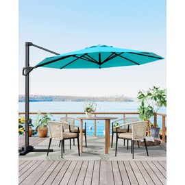 10FT Patio Umbrella Outdoor Large Cantilever Umbrella w/Base Included Market Sun Shade Windproof Offset Umbrella with 360-Degree Rotation for Garden Deck Pool Patio, Turquoise Blue
