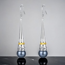 Real 925 Sterling Silver Vintage Drop Earring with Natural 6mm Freshwater Pearl Earrings for MetJakt Women's Fine Jewelry (Tahitian Gray)