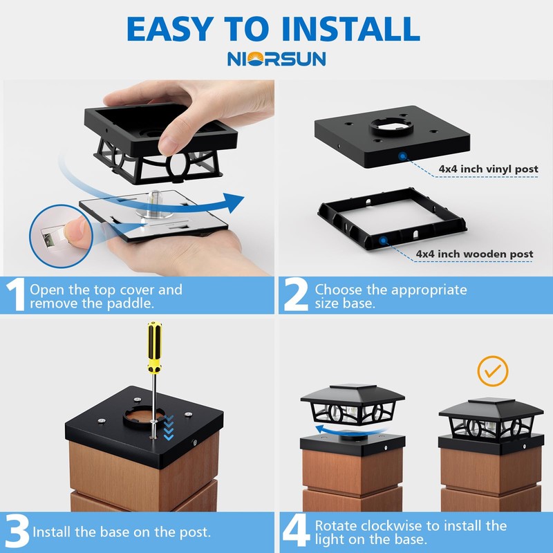 NIORSUN Solar Post Lights Outdoor, Fence Post Solar Lights Warm