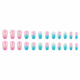MISUD Coffin Press on Nails Medium Fake Nails Glossy Glue on Nails Pink Blue Ombre Acrylic Nail Supplies Ballerina Artificial Nail Art Summer Gradient Stick on False Nails with Design DIY 24 pcs