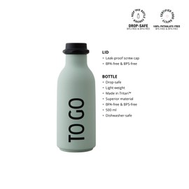 Design Letters TO GO Water bottle (Grey) – BPA-free and BPS-free, Matt soft surface, Nordic Design, Use the drinking bottle on the go, Leak-proof & drop-safe, dishwasher safe, 500 ml, 90 g.