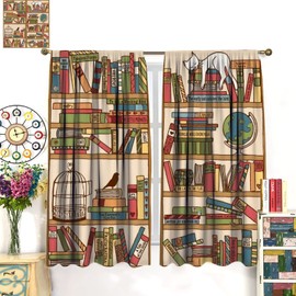 Bookshelf Blackout Curtains, Nerd Book Lover Hand Drawn Bookshelf with Sleeping Cat Design Window Drapes for Kids Boys Girls Living Room Bedroom Decor Room Darkening, Noise Reducing 42x45in