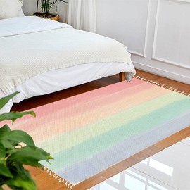 Boho Rug Rainbow Pastels Watercolor Rainbow Watercolor Brush Stroke Stripes Area Rug Carpet Patio Rug Hallway Runner Rug Mat Pad Minimalist Home Decor for Living Room Bedroom Indoor Outdoor