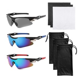 Pack of 3 Sports Sunglasses with 3 Glasses Pockets, with 3 Glasses Cloth, Fashion Windproof Cycling Glasses, UV Protection Polarized Glasses, Suitable for Recreational Fishing, Outdoor Sports