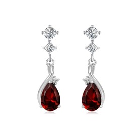 FH.bird Garnet Earrings, Women's Popular, Swinging "Incarnation of Elegance" 925 Silver, Hypoallergenic, Red Stone, Swing, January Birthstone, Large Jewelry, Birthday Gift, Popular for 20s, Silver