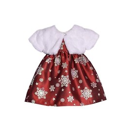 Bonnie Jean Girl's Christmas Holiday Dress - Red Dress with White Faux Fur Jacket for Baby Toddler and Little Girls, Red Snowflake, 12 Months