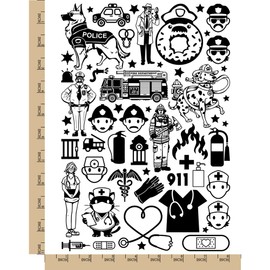 Emergency Personnel Police Firefighter Medical Temporary Tattoo Water Resistant Fake Body Art Set Collection - Black (One Sheet)