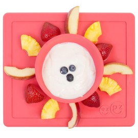 ezpz Happy Bowl (Coral) - 100% Silicone Suction Bowl with Built-in Placemat for Toddlers + Preschoolers - Dishwasher Safe