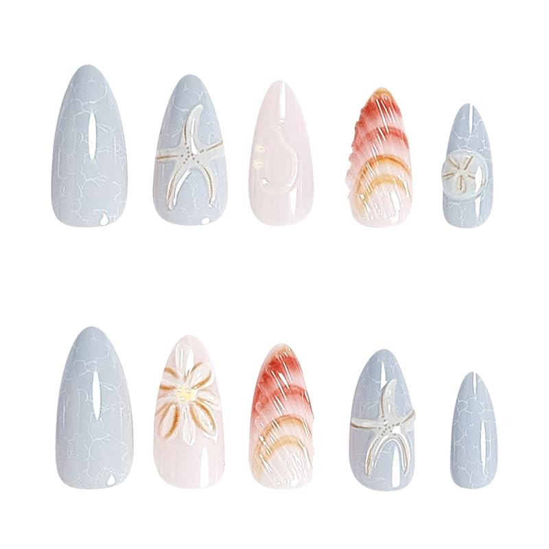 24PCS Ocean Theme Press On Nails - 3D Blue White