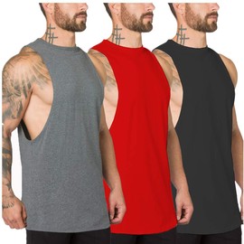 Muscle Killer 3 Pack Men's Muscle Cut Off Gym Workout Stringer Tank Tops Bodybuilding Fitness T-Shirts (Alpha, l, Regular, Black+Red+Gray)