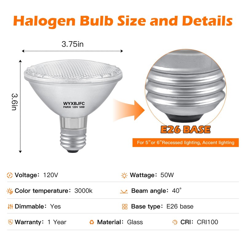 WYXBJFC Par30 50W Halogen Light Bulbs, 6 Pack Short Neck