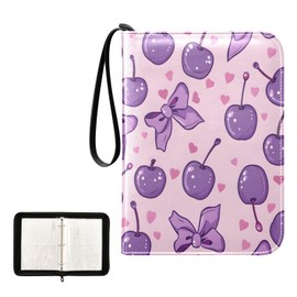 Cherries with Bows in Lilac-pink Colors 4 Pocket Card Binder Trading Card Binder Portable Cards Collection Book with Zipper