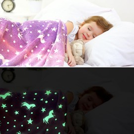 Wajade Unicorn Gifts for girls Glow in Dark Blanket Birthday Easter Decor for Girls Gifts Blanket for Kids Age 1 2 3 4 5 6 7 8 9 10 11 12 Years Old (Purple Unicorn 130 * 150 CM)