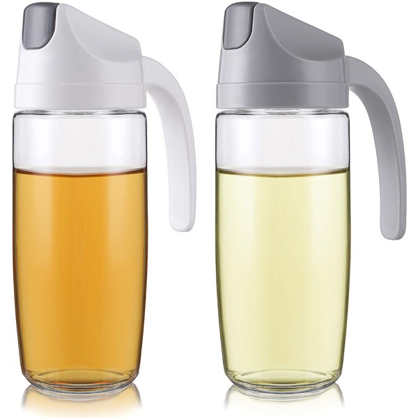 WUWEOT 2 Pcs 600ml Auto Flip Olive Oil Dispenser Bottle, Leak-Proof Condiment Glass Container with Automatic Cap and Stopper, Drip Free, Non-Slip Handle for Kitchen Cooking Salad, White & Grey