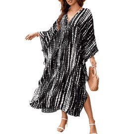 MEILING Women's Kaftan Nightgown Long Caftans Beach Maxi Dress Bikini Swimsuit Bathing Suit Cover Up Swimwear (Black Tie-dye B)