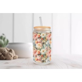 Mugzan Colorful Summer Garden Frosted Glass Can W/ Bamboo Lid 16 Oz Glass Cup by Mugzan