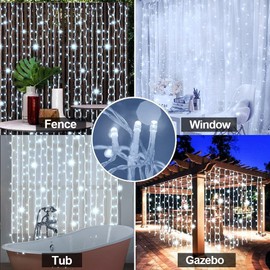 Upgraded Solar Curtain Lights Remote Control, Outdoor Garden Lights 300 LED 8 Modes Waterproof Solar Waterfall Fairy String Lights Decoration for Christmas Patio Garden Party Wedding (Cool White)