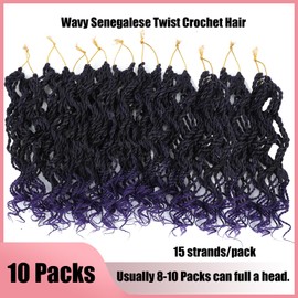 Wavy Senegalese Twist Crochet Hair For Black Women 12 Inch 10 Packs Senegalese Twist Braiding Hair Crochet Twists Pre Looped Twist Crochet Hair Curly Crochet Twist Hair With Curly Ends(1B/PURPLE)