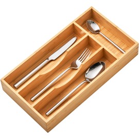 Umilife Bamboo Kitchen Drawer Organizer, 7 Inch Silverware Utensils Tray Holder for Small Drawer, Wood Caddy for Flatware Cutlery Knives