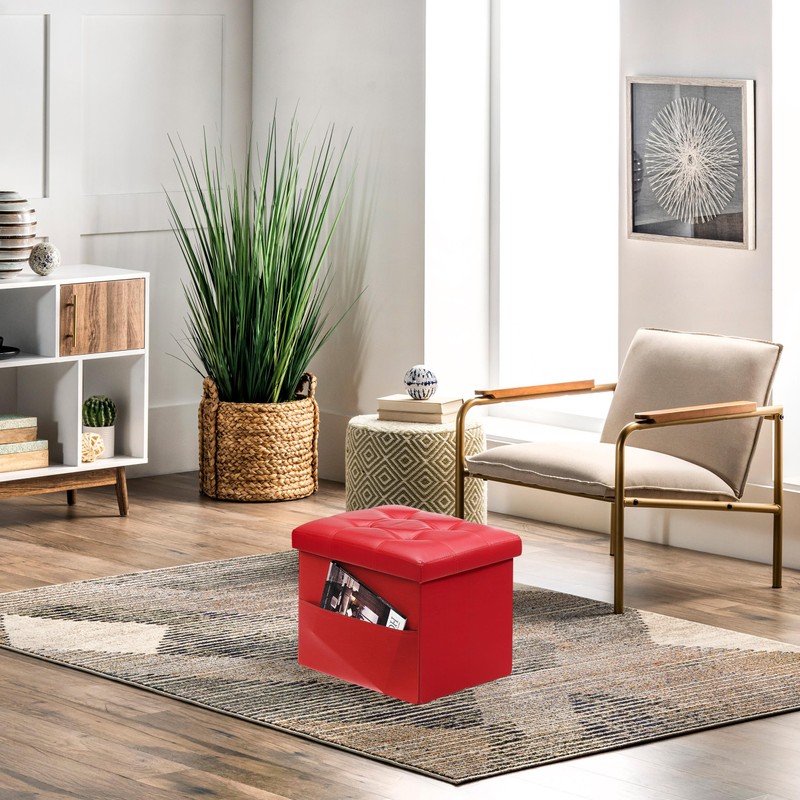 AmasSmile Red Storage Ottoman Folding Foot Rest Stool with Side