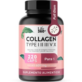 LIFE 360 Colgeno Hidrolizado Tipo I, II, III, V, X  220 cpsulas 1240 mg por porcin  Pptidos de colgeno tipo I, II, III, V y X, Vitamina C y cido...   
