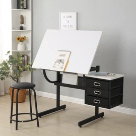 Adjustable Drafting Table for Artists Art Desk Drawing Painting Studying Table Art Craft Desk Watercolor Paintings Sketching Work Station w Stool and 3 Drawers for Home Office School Use