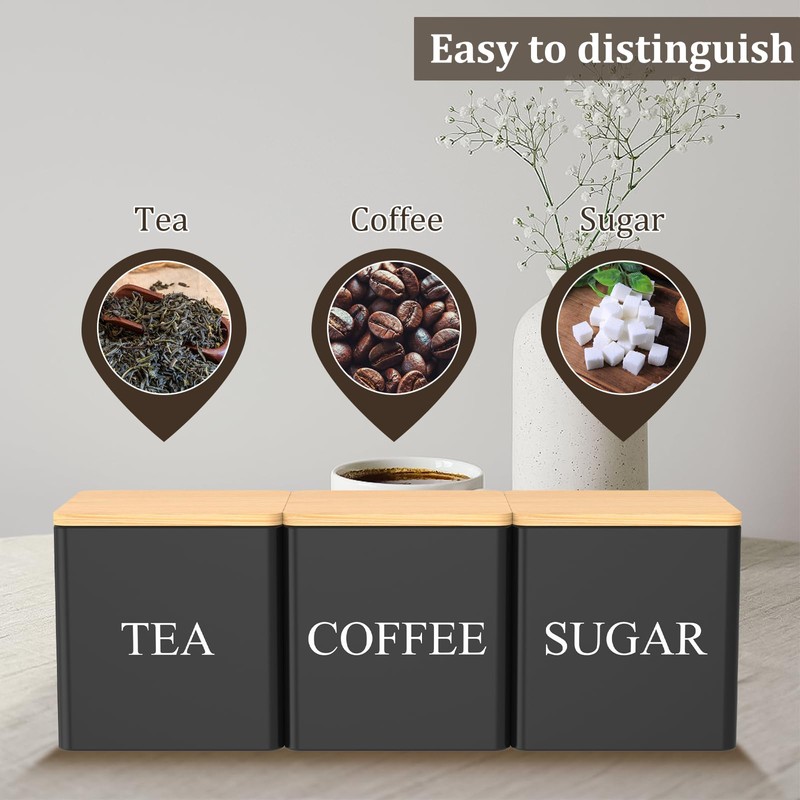 3Pcs Tea Sugar Coffee Canister Set with Bamboo Lids Large