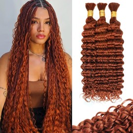 Dark Ginger Human Braiding Hair for Boho Braids 100g 3 Bundles/Pack 14 Inch Curly Boho Hair for Braiding Knotless 12A Deep Wave Bulk Bohemian Color 350