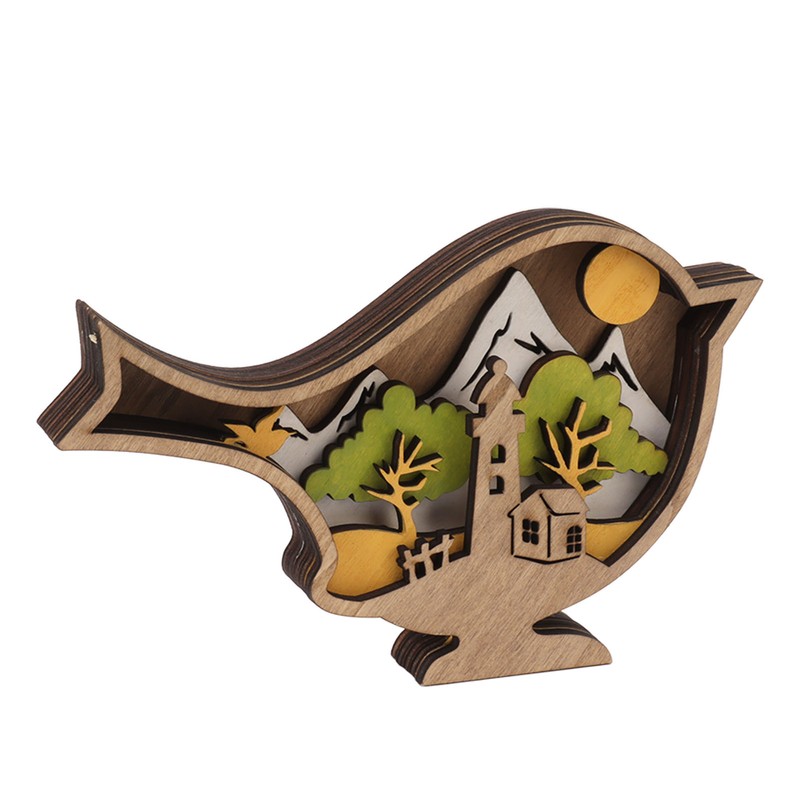Wooden Bird Statues with Light 3D Hollow Hand Carved Birds