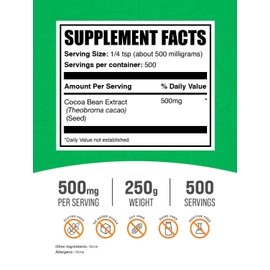 BulkSupplements.com Cocoa Bean Extract Powder - Cocoa Supplement - Unsweetened, Vegan & Gluten Free, 500mg per Serving, 250g (8.8 oz) (Pack of 1)