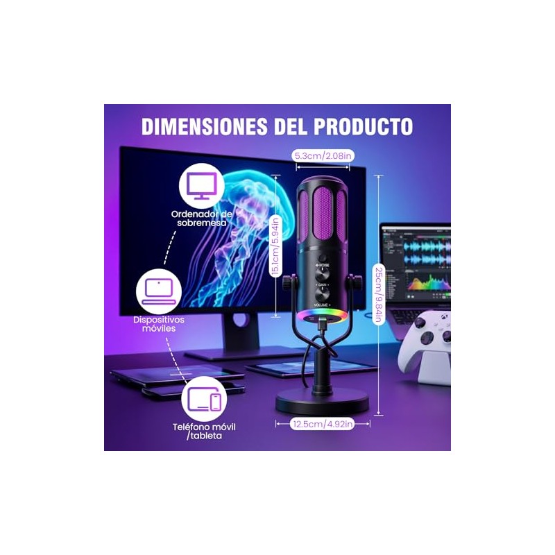 Micrófono PC Condensador USB, Microfono para Gamer, RGB, Reducción ENC