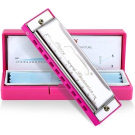 Blues Harmonica, Diatonic 10 Holes C Key Happy Harmonica Mouth Organ for Beginner,,,Students,,with Carrying Plastic Case,Clean Cloth and Manual:_pink-silver