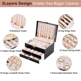 Zumier Vintage Jewelry Organizer Box for Ring and Necklace, Large PU Leather Earring Organizer Holder of the drawer for Christmas Birthday Valentine Gift -Black