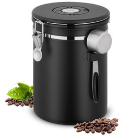 SMRONAR Coffee Canister Airtight, 2.8 L Coffee Beans Container Made of Stainless Steel, 1 kg Beans Vacuum Coffee Tin, Airtight Stainless Steel Coffee Jar with CO2 Valve, Measuring Spoon & Date Display