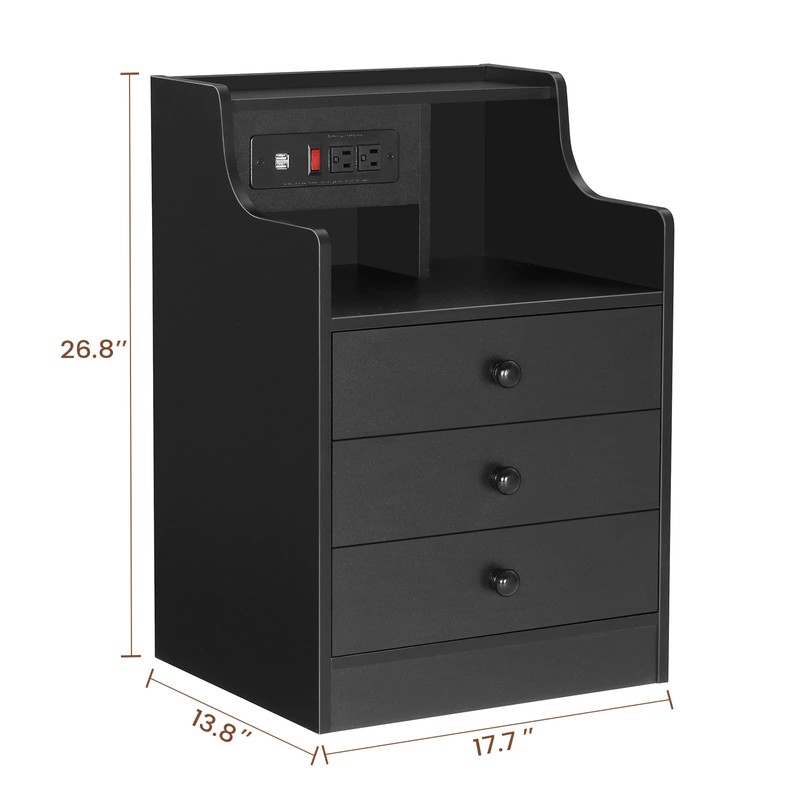 ADORNEVE Nightstand with Charging Station,Black Night Stand for Bedroom,End Table