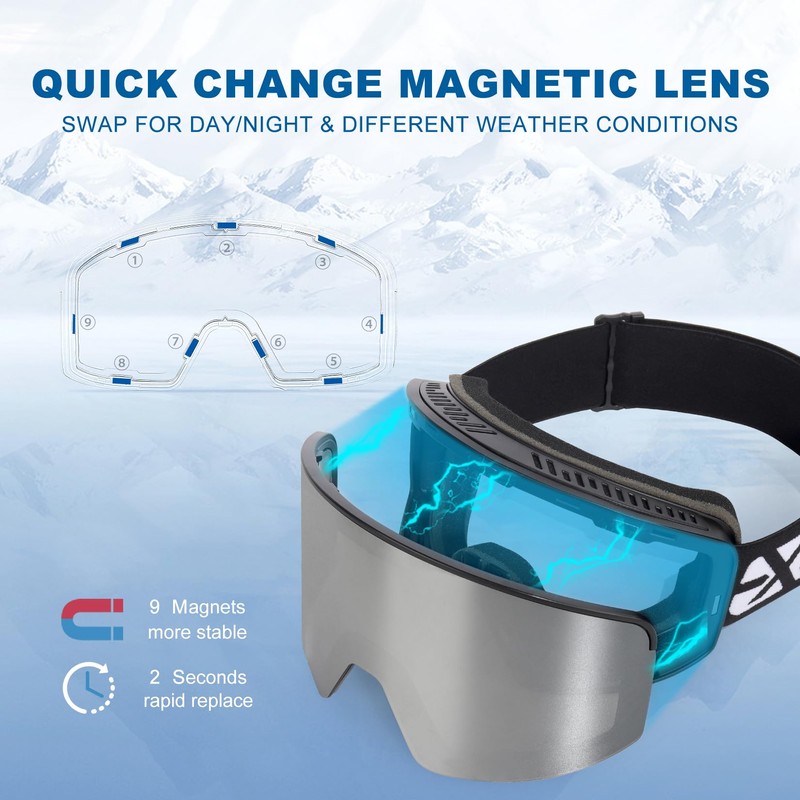 EXP VISION Ski/Snowboard Goggles, Magnetic Lens Snow Goggles with Anti-Fog