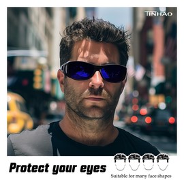 TINHAO Fit Over Glasses Wrap Around Sunglasses for Men Cycling Driving Fishing Polarized 100% UV Protection(Black,Blue)