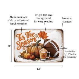 MRC Wood Products 'Tis the Season Autumn-Themed Vintage Metal Sign – Pumpkin, Football, & Pumpkin Spice Latte Fall Decor – 8"x12" Rustic Fall Wall Art With Autumn Leaves