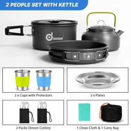 Odoland Camping Crockery Set 15-Piece Camping Cooking Set Pots with 0.8 L Camping Kettle Camping Cutlery and Cup Lightweight Aluminium Camping Pots Set Foldable Cookware for Outdoor Cooking