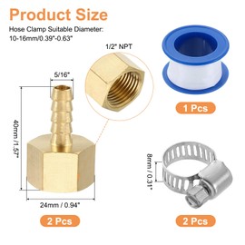 sourcing map 2Pcs Brass Hose Barb Fittings, 5/16" Barb x 1/2" NPT Female Hose Connector with Hose Clamps for Water Fuel Gas Oil Transportation