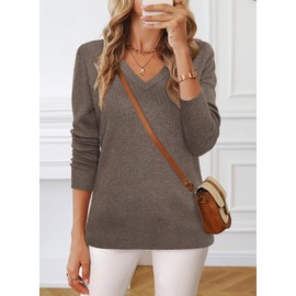 Arach&Cloz Sweater for Women 2024 Fall Fashion Clothes V Neck Long Sleeve Summer Cute Tops Dressy Business Casual Trendy Teacher Outfits Cashmere Ladies Shirts Coffee