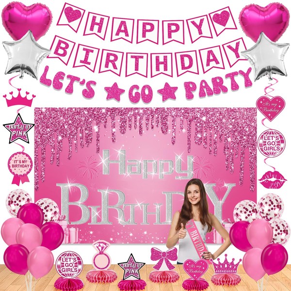 Pink Happy Birthday Party Decorations Set for Girls,Include Backdrop Banner,Balloons,Party