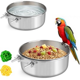 2 Pcs Stainless Steel Bird Food Water Bowls, Parrot Feeding Dish Cups with Clamp Holder Bird Ball Toys for Chinchilla, Cockatiel, Conure, Budgies, Parakeet, Lovebird, Small Animals (Small+Medium)
