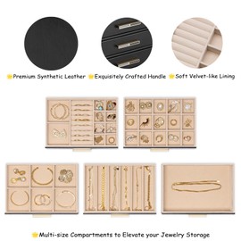 Vlando 5-Drawer Jewelry Box with Glass Lid, Faux Leather Organizer for Rings, Earrings, Necklaces and More, Gift-Ready Jewelry Case for Women Girls or Moms, Black