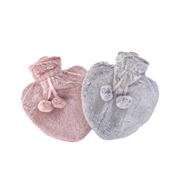 K Collection Pack of 2 Large Heart Shaped Hot Water Bottle - Natural Rubber with Faux Fur Covers - 2 x 1 Litre Ribbed Hot Water Bottles with Plush Covers (Pink/Grey)