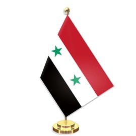 Syria Desk Small Flag Set,5×8 Inch Mini Syrians Desktop Banner,12" Metal Solid Pole Decor,Tiny Digital Printed Polyester Banner With Golden Base