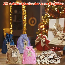 Advent Calendar for Filling Yeelan 24 Advent Calendar Bags, Advent Calendar for Filling Fabric with Numbers Wooden Pendant and Stickers, Christmas Calendar for Filling for Children